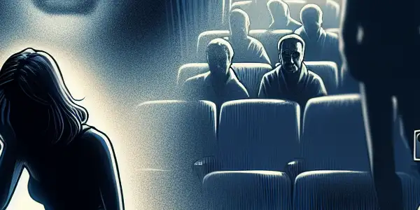 A distressed actress on a dim film set symbolizes hidden struggles and power dynamics in the South Korean film industry.