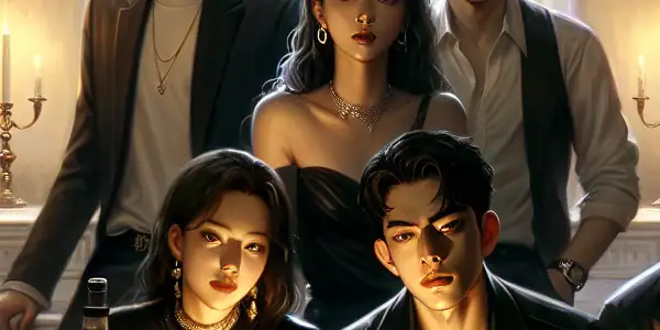 A tense reunion of five diverse classmates in a dimly lit, elegantly decorated room filled with secrets.