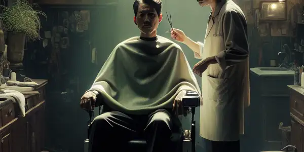 A dimly lit barbershop scene featuring a contemplative barber and an uneasy customer, surrounded by mirrors and shadows.