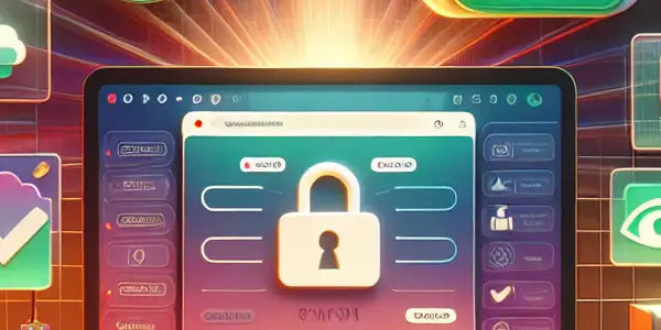 A cozy workspace with a computer displaying safe adult content and security symbols, promoting a trustworthy digital environment.