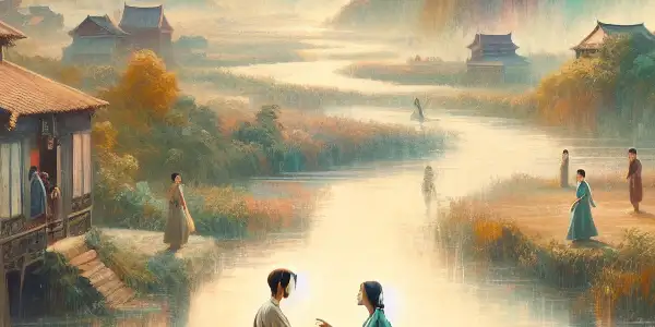 A romantic encounter between two characters in a serene Taiwanese countryside, contrasted by a war-torn backdrop.