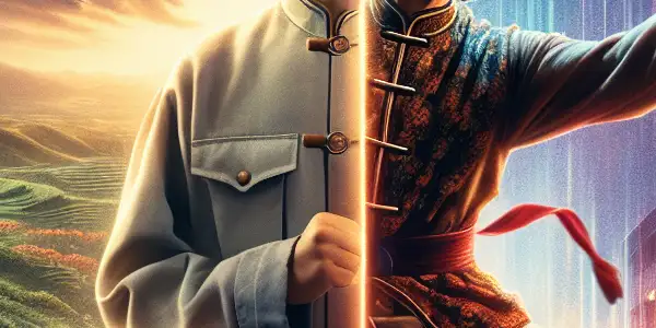 A cinematic poster featuring Xie Miao as a young soldier and an adult martial artist in contrasting settings.