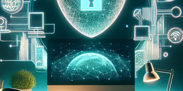 A modern home office with a computer, symbols of digital safety, and a cozy ambiance at dusk.