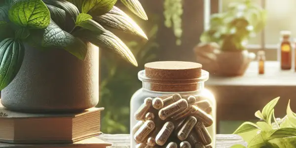 A serene illustration showcasing herbal supplements, fresh herbs, and wellness tips for a better quality of life.
