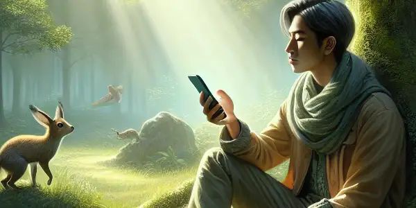 A person relaxes on a blanket in a serene forest, using a smartphone amidst gentle wildlife.