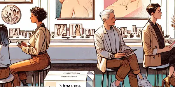 A modern adult toy store interior featuring diverse products, inviting atmosphere, and customers exploring together.