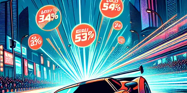 A futuristic sports car races through a neon-lit city, surrounded by discount tags and excited fans.