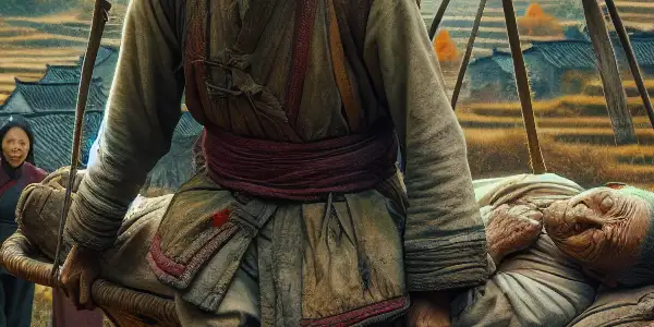 An elderly man carries his deceased friend on a stretcher along a rural path, surrounded by autumn foliage and villagers.