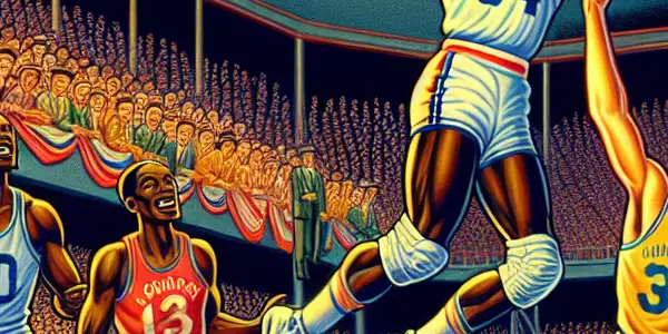 An intense basketball match featuring animated players, a dramatic slam dunk, and enthusiastic fans in a packed stadium.
