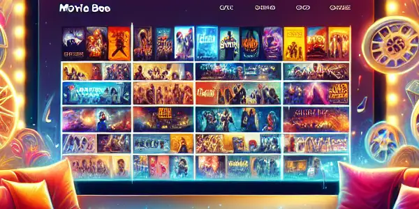 A lively digital illustration of a cozy home theater showcasing an online movie platform with vibrant film elements.