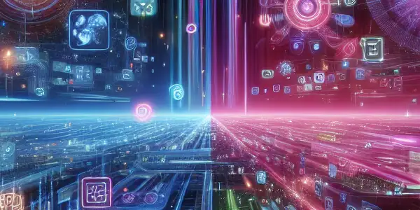 A vibrant digital landscape showcasing floating keywords and tags related to online content optimization and trends.