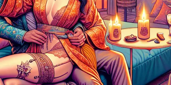 A couple in whimsical costumes shares an intimate, playful moment in a cozy, romantic setting filled with warm lighting.