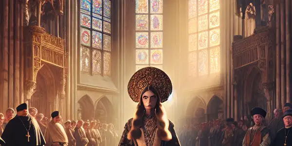 A woman disguised as a pope stands confidently in a medieval cathedral, surrounded by an intrigued, shadowy crowd.