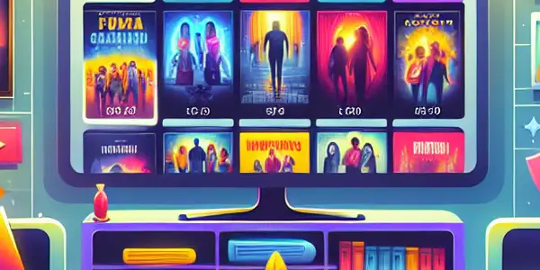 A cozy living room with a modern online movie platform interface displaying various film genres on a large TV.