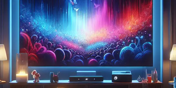 A cozy, dimly lit living room with a TV, snacks, and plush furnishings, perfect for a relaxing movie night.