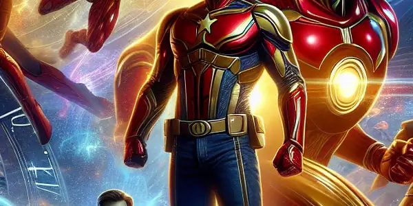 Iconic Marvel characters, including Iron Man and Captain America, heroically posed in a vibrant, futuristic cityscape with time elements.