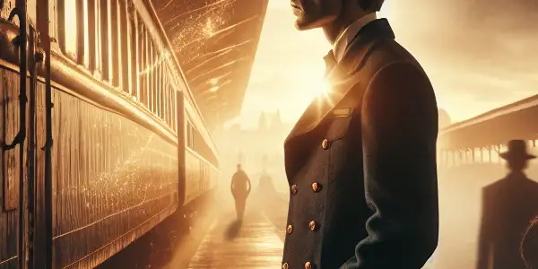 A twilight train station scene featuring a reflective conductor, vintage train, and ethereal wisps of light symbolizing memories.