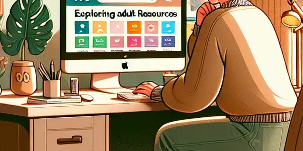 A cozy home office with a person exploring adult resources on a computer, surrounded by tasteful decor.