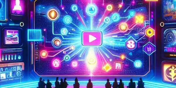 A futuristic digital platform showcasing vibrant adult content with interactive avatars and an emphasis on privacy and security.