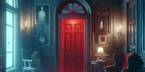 A dimly lit haunted house hallway with an ominous red door, shadows, and ghostly reflections.