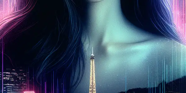 A young Asian woman with long black hair in a Tokyo night scene, featuring neon lights and iconic landmarks.