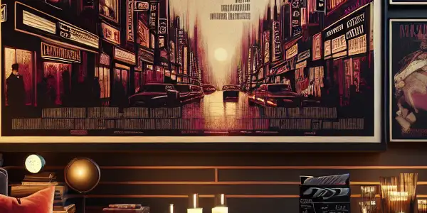 A cozy, dimly lit living room set up for a romantic movie night with plush furniture and snacks.