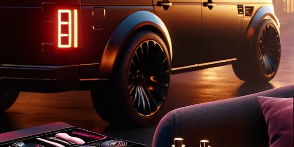 A luxurious delivery vehicle with premium adult products arranged elegantly in an intimate urban setting at dusk.