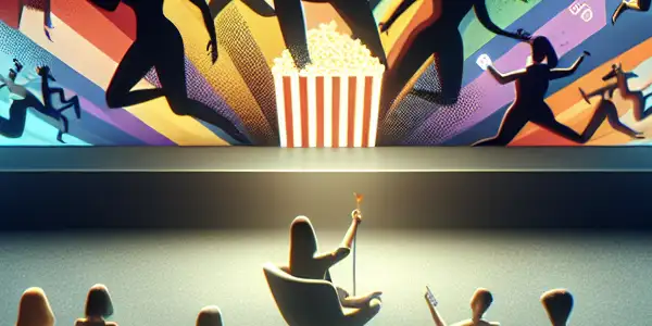 A cozy home theater scene with diverse friends enjoying short films, popcorn, and interactive mobile comments.