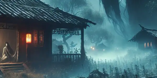 A haunted rural village at night, featuring a dilapidated cottage, ghostly figure, and ominous shadows.
