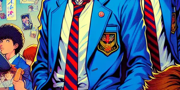 A lively 1980s Japanese high school scene featuring rebellious students, humor, and nostalgic pop culture elements.