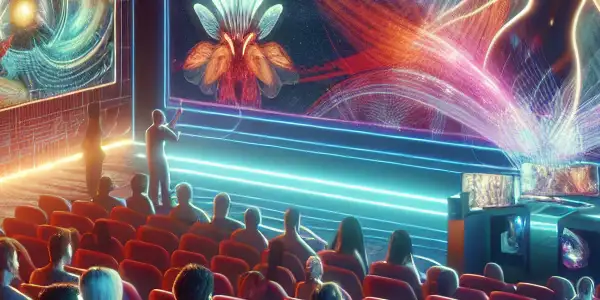 A futuristic cinema scene with an engaged audience captivated by vibrant, high-definition adult film visuals and immersive technology.
