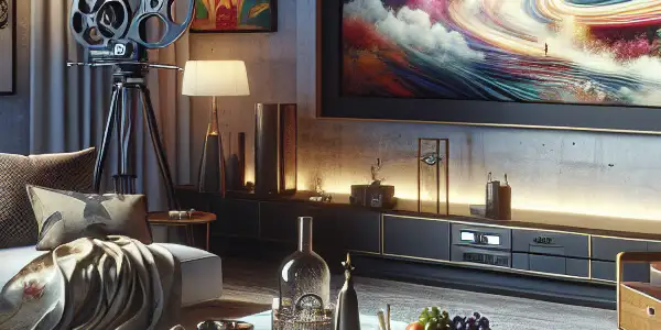 A stylish living room with ambient lighting, featuring a high-definition screen displaying artistic, colorful scenes of allure and elegance.