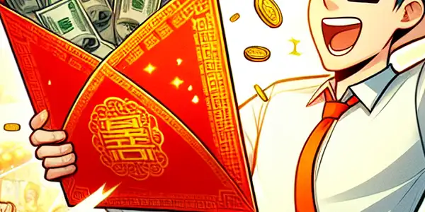 A young man joyfully discovers a giant red envelope filled with money in a lively city crowd.