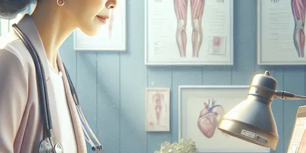 A female urologist thoughtfully reviews a patient's file in a bright, inviting medical office.