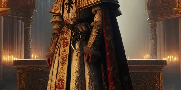 Joanna, a courageous woman in medieval papal robes, stands in a dimly lit cathedral before an ornate altar.