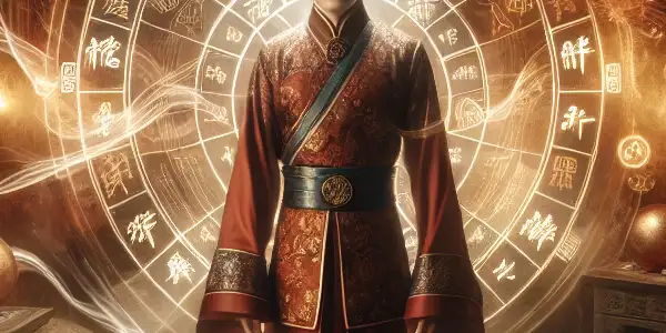 A young Feng Shui master stands contemplatively in a mystical tomb, surrounded by ancient symbols and ghostly apparitions.