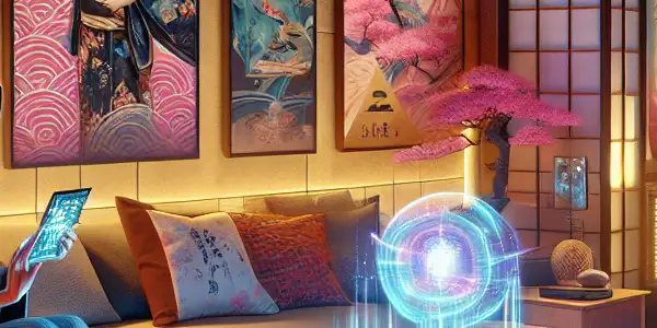 A futuristic living room featuring a person in a VR headset, surrounded by high-tech gadgets and Japanese cultural elements.