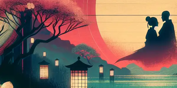 A romantic scene under cherry blossoms, featuring silhouettes in an intimate moment, with a vintage film reel and lantern.