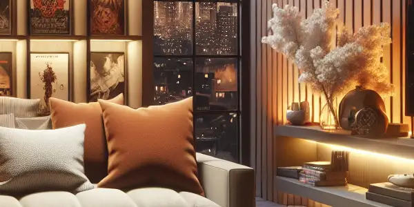 A cozy living room scene with a plush sofa, popcorn, and a TV displaying abstract Japanese film art.