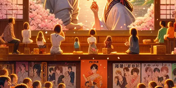 A cozy Japanese cinema filled with diverse fans watching a romantic BL film, surrounded by traditional design and warm lighting.