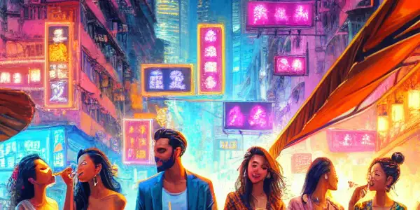 A lively nightlife scene in Lan Kwai Fong, filled with young people, neon lights, and vibrant energy.