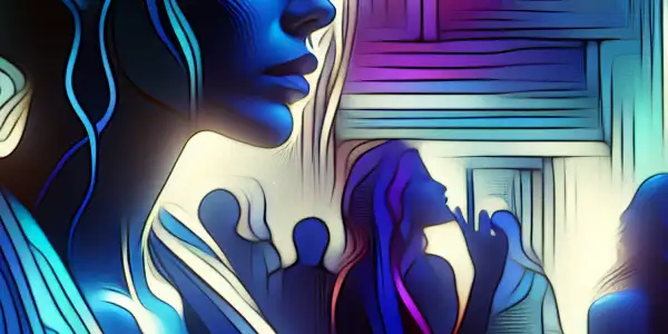 A woman in a chic outfit gazes introspectively in a vibrant, neon-lit nightclub filled with silhouettes of other women.