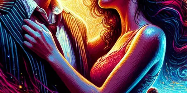 A passionate moment between a young couple in a vibrant concert setting, surrounded by colorful lights and a lively crowd.