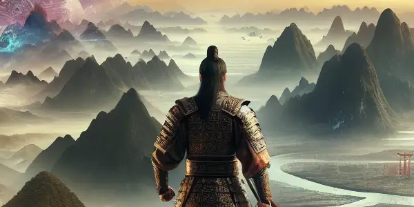 A heroic figure in ancient armor stands on a cliff, overlooking misty mountains and a flowing river in ancient China.