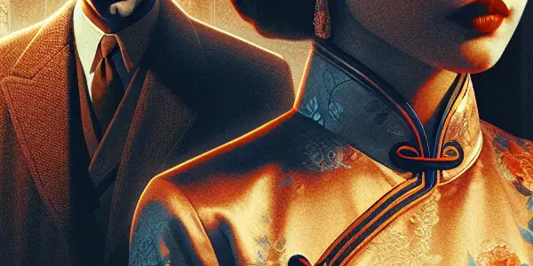 A dramatic 1930s Shanghai scene featuring a determined woman in a qipao and a mysterious man in a suit.