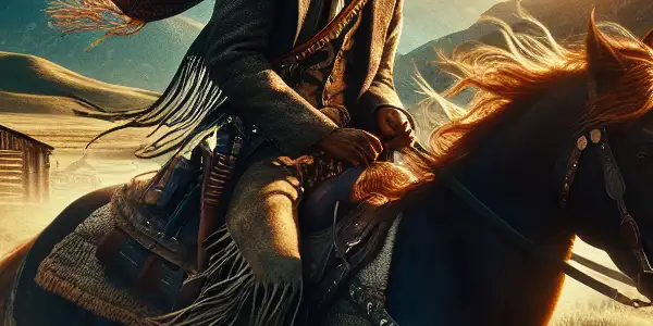 A confident figure rides a majestic horse through a vibrant wilderness, embodying adventure and allure.