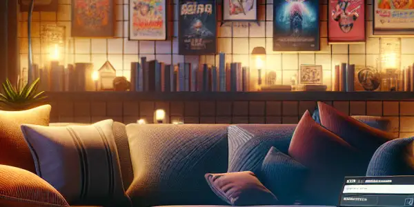 A cozy modern living room at night with a laptop displaying colorful Japanese AV film thumbnails.