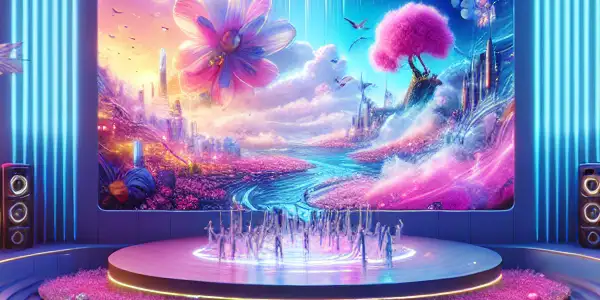 A futuristic viewing area showcasing advanced technology for immersive experiences in Japanese adult films, featuring vibrant neon lighting.