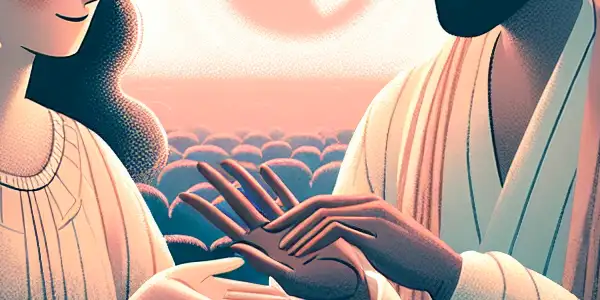 A serene scene depicting two characters engaged in intimate care within a softly lit, elegant room.