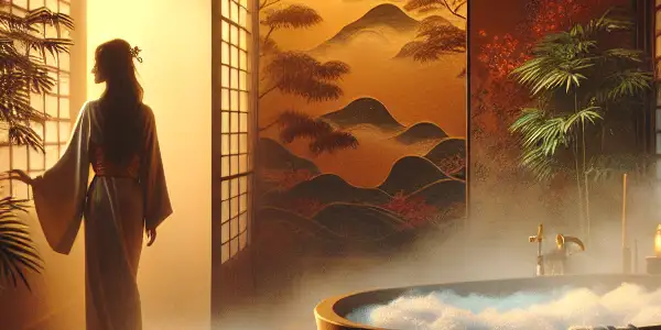 A serene Japanese bathroom scene with a steam-filled atmosphere and an elegant female figure in delicate fabrics.